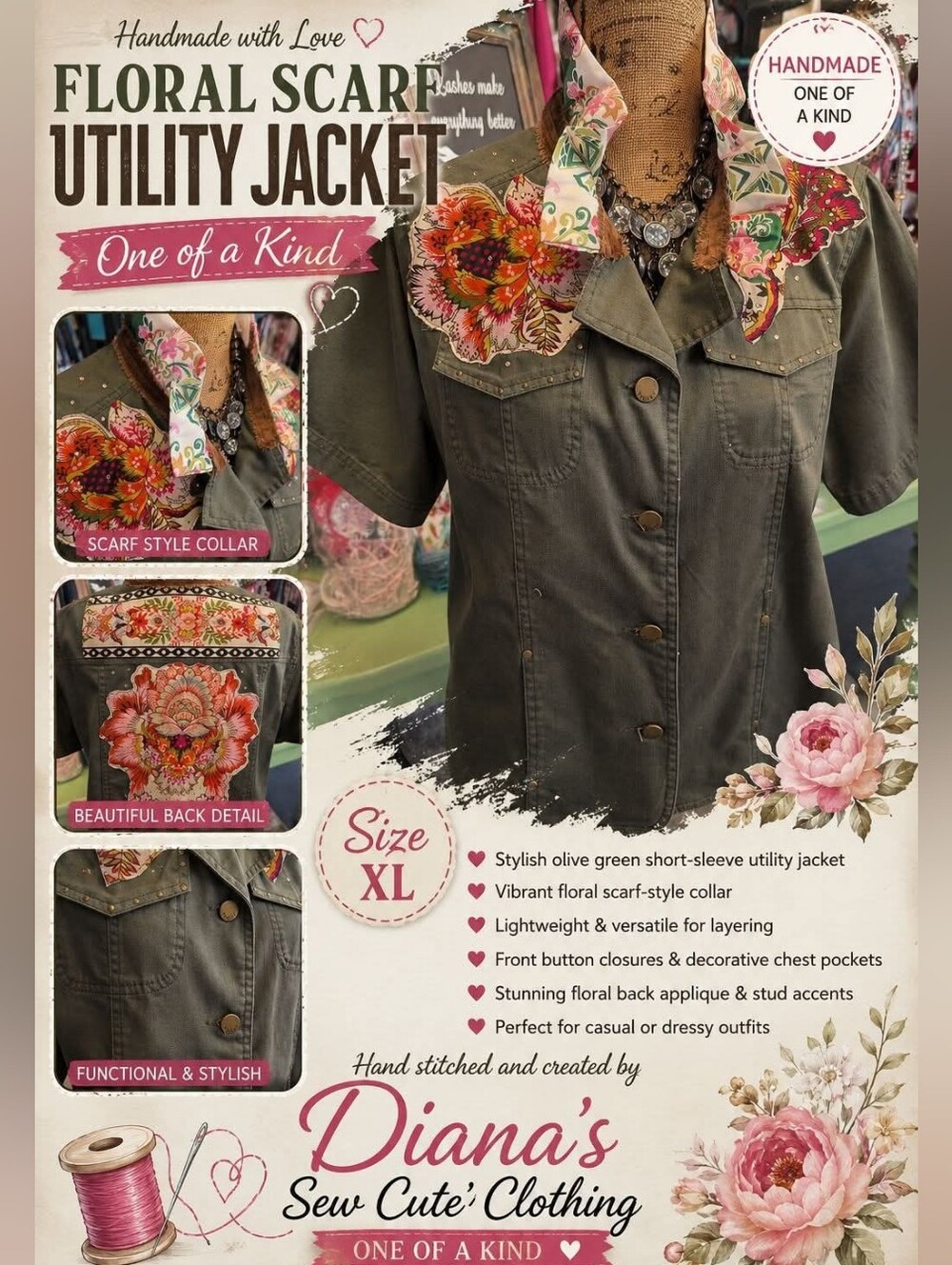 Women's Olive Green Short-Sleeve Utility Jacket with Floral Collar